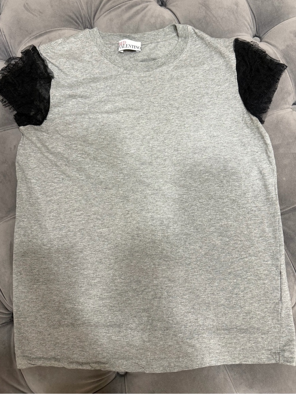 RED Valentino Gray Tee with Black Lace Cap Sleeves